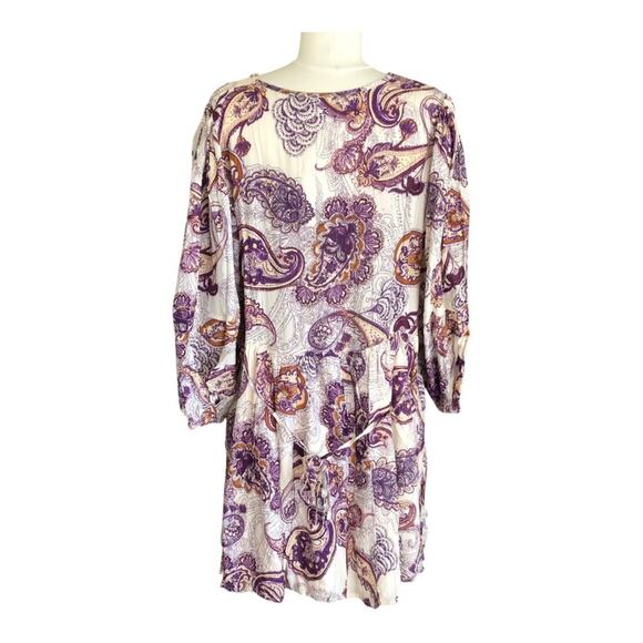 Band Of The Free NWT Lyonnette Paisley Boho Long Sleeve Mini Dress Cream Purple - Picture 5 of 13